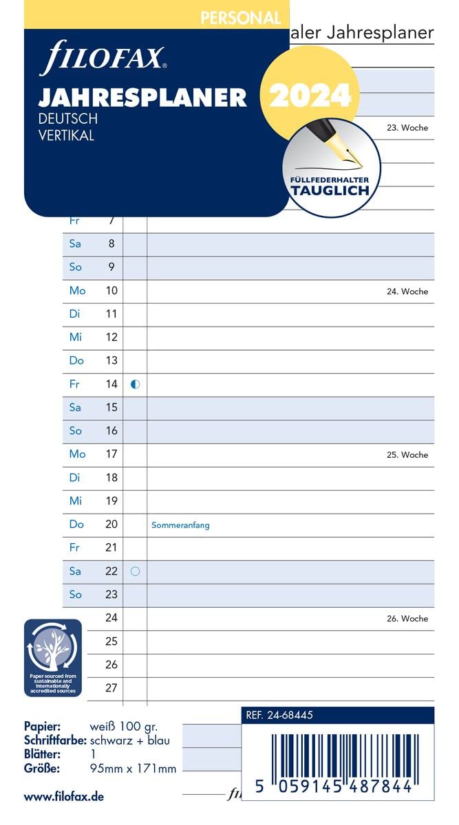 Filofax Personal Year Planner Vertical (German) 2024, White, 24-68445