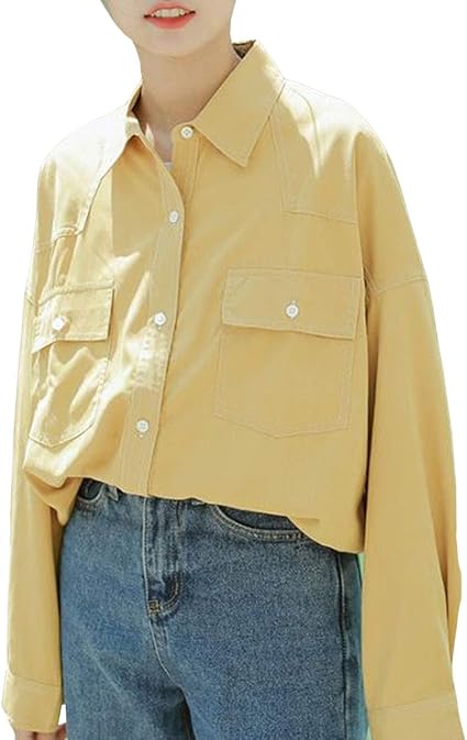 Amazon Baluote シャツ レディース 春 秋 長袖 レディース 折り襟 無地 ポケット ボタン 通勤 通学 レディース トップス ファッション カジュアル 韓国風 シャツ シャツ ブラウス 通販