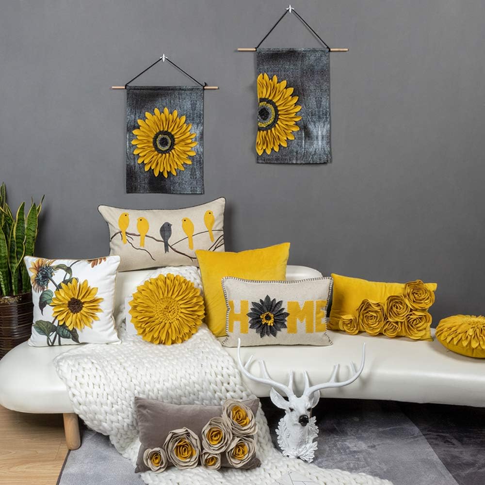 JWH Handmade 3D Flowers Accent Pillow Round Sunflower Cushion Decorative Pillowcase with Pillow Insert Home Sofa Bed Living Room Decor Gift 12 Inch / 30 cm Cotton Canvas Wool Yellow: Home & Kitchen