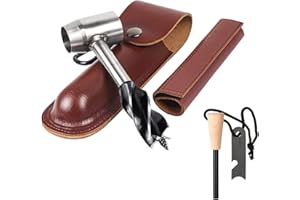 HNONPW Bushcraft Gear for Survival Settlers Bushscraft Hand Auger Wrench with Flint Scotch Eye Wood Drill Peg and Manual Hole Maker Multitool with leather Case Camping brown