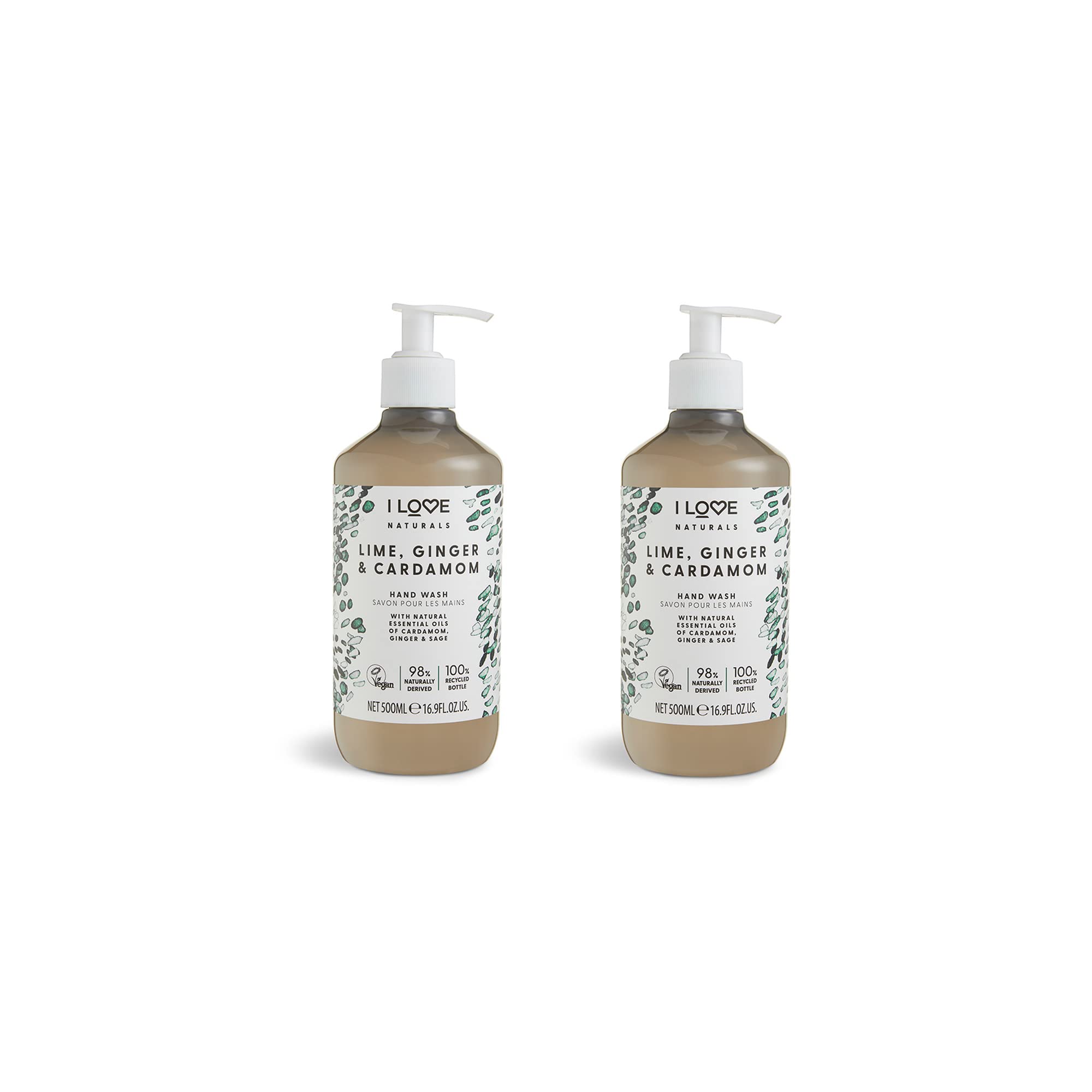I Love Naturals Lime, Ginger & Cardamom Hand Wash – With Natural Oils of Cardamom, Ginger & Sage – Gently Cleanses & Refreshes – Uplifting Scent – Vegan & Cruelty-Free Hand Soap 2 x 500ml