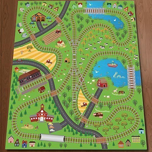 Giant Kids Childrens Railway Track Lines City Playmat Fun Town Trains Cars Play Village Farm Road Carpet Rug Toy Mat by CHILDRENS PLAY MAT