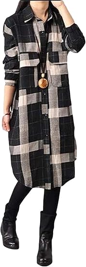 ダーセン レディース アンシメトリー チェック柄 ロング シャツ ワンピース 七分袖 長袖 ひざ丈 薄手 カジュアル ３色展開 青 赤 黒 ワンピース チュニック 通販 Amazon
