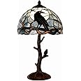 Bieye L10956 Raven Sitting on Bare Tree Branch in Full Moon Night Tiffany Style Stained Glass Table Lamp for Home Decor (Dark Blue, 12Wx20H)