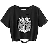 Avanova Women Rock Graphic Distressed Loose Crop Top Oversized Short Sleeve Ripped Tee Shirt Black Rock XX-Large