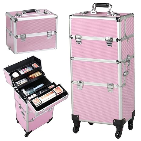 Yaheetech Alu Schmuckkoffer Friseurkoffer Kosmetikkoffer Beautycase Koffer Trolley mit Schlösser und Tragegurt Pink