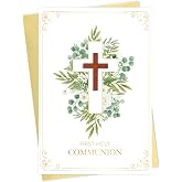 DISJOURNEY First Holy Communion Card with Real Wood Cross for Boys Girls | 5.5x8in, 300GSM Cardstock, Gold Foil, with Envelope &amp; Seal Sticker, Catholic Communion Gifts for Adults Grandchild