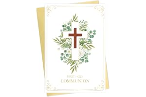 DISJOURNEY First Communion Card with Real Wood Cross | 300GSM Cardstock Catholic Holy Communion Cards for Boys Girls | Gold F
