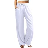 keriffe Women's Summer Casual Pants Loose Fit Beach Pants High Waist Drawstring Wide Straight Leg Palazzo Trousers Pockets