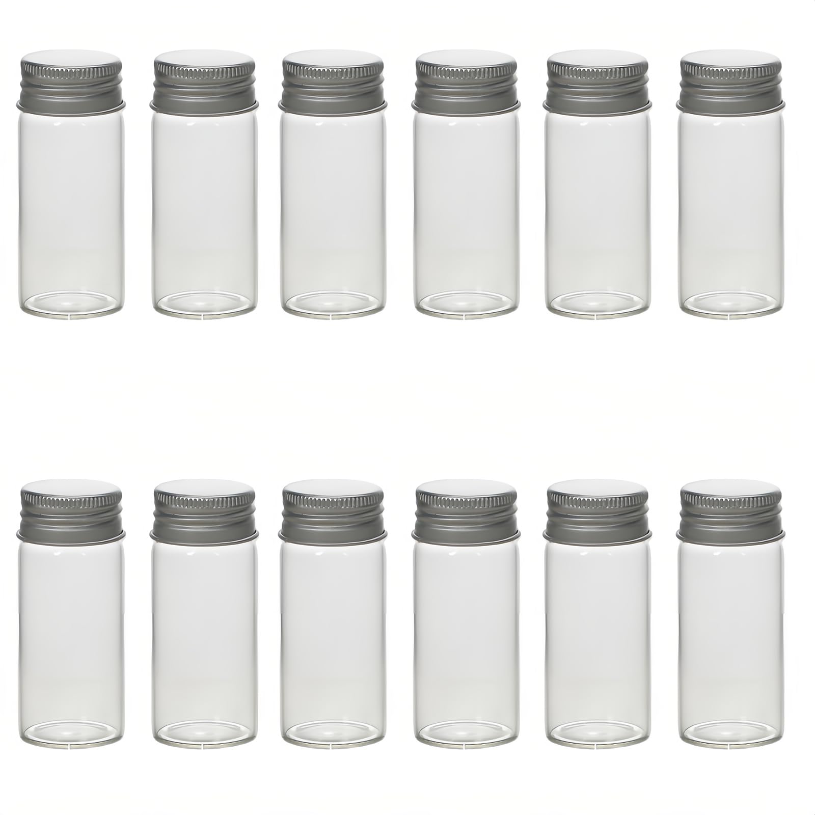 12Pcs 30ml Empty Clear Small Glass Bottles with Aluminum Screw Lid Tiny Vials Mini Jars Sample Message Bottle Wedding Favors DIY Decorations Travel Liquid Container