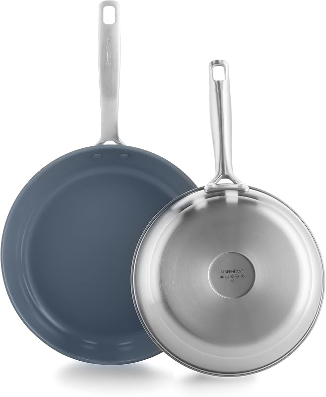 Treviso Poêle à frire Antiadhésive en Céramique Saine 24cm & 28cm en Acier Inoxydable, Sans PFAS, Induction, Va au four et au lave-vaisselle, Argent — photo 1 sur 8