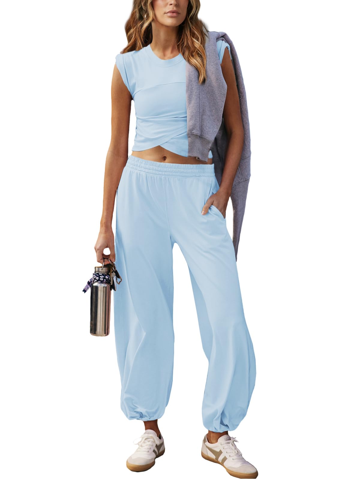 Photo 1 of Outfeel Women 2 Piece Outfit Set Loungewear Cropped Tops and Jogger Sweatpant Matching Set Coordinated Sweatsuit with Pockets Blue Medium