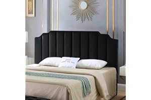 24KF Black Velvet Tufted King Upholstered Headboard, Modern Vertical Channel Design California King Headboard with Stepped Silhouette Top Edge,Black