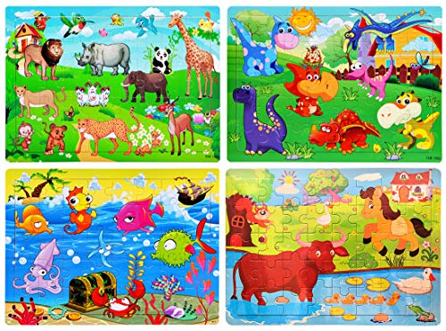 Wooden Jigsaw Puzzles Set for Kids Age 3-6 Year Old 40 Piece Colorful Wooden Puzzles Animals,Dinosaurs,Farms,Oceans,Education and Learning Intelligence Toys Jigsaw Puzzles,Wooden Puzzles Set of 4 for