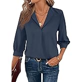 Astylish Womens 3/4 Sleeve Shirt Casual V Neck Turn-Down Collar Business Dressy Blouse Tops