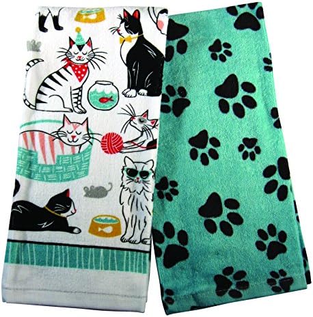 Pet Lovers 100% Cotton Dishtowel Set of 2 Tea Towels – Dogs or Cats plus Paw Print (Cats)