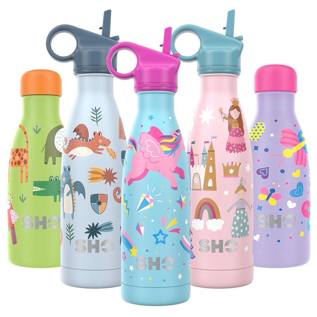 SHO Kids Bottle - Ultimate Insulated, Double Walled Stainless Steel Vacuum Flask & Water Bottle - 12 Hours Hot & 24 Hours Cold - 260ml, 375ml - BPA Free (Unicorns with Straw Lid, 375ml)