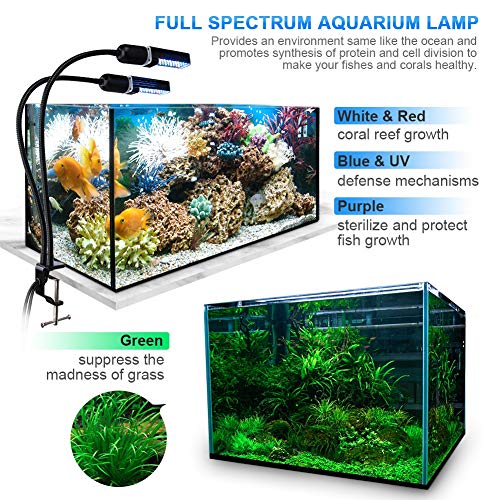 Relassy Led Aquarium Light, Led Reef Coral Light with Dual Replaceable E27 Bulb, Adjustable Clip On Seawater Aquarium Light Dimmable for Freshwater Seawater Fish Coral Aquatic Plant Growth