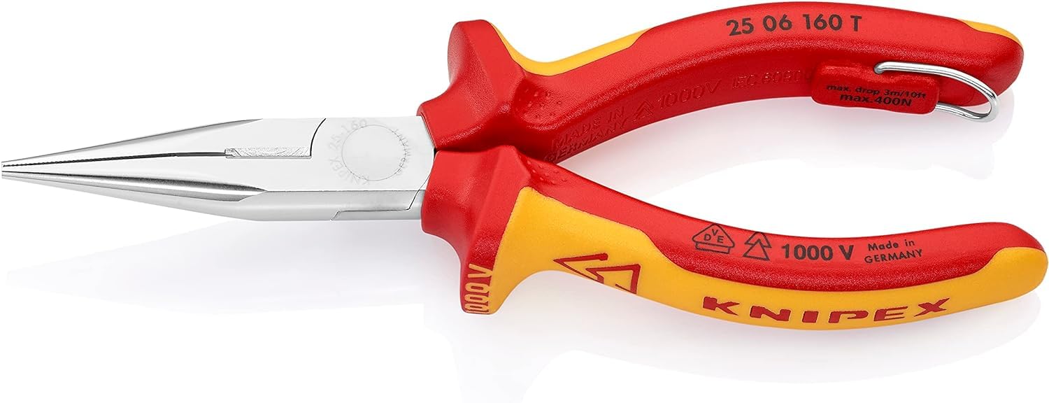 KNIPEX Flachrundzange mit Schneide (Radiozange) in Blister verchromt isoliert mit Mehrkomponenten-Hüllen, VDE-geprüft 160 mm, 25 06 160 T BK