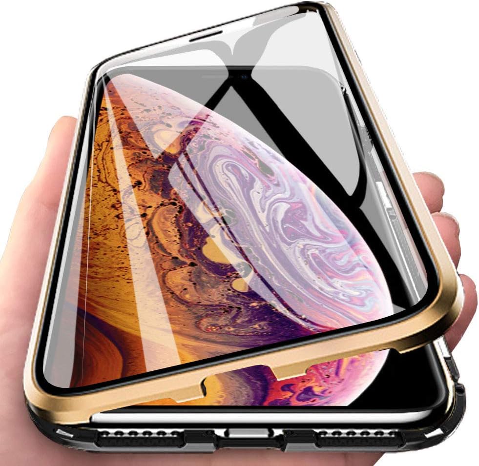 Eabuy iPhone XS Case, 360° Full Body Transparent Tempered Glass with Magnetic Adsorption Metal Bumper Case Cover for iPhone XS Gold Black