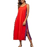 chouyatou Women's Summer Casual RIC Rac Spaghetti Strap Long Dress Boho Split Sleeveless Beach Sundress