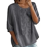BAOQIN Embroidered Linen Shirts for Women - Boho 3/4 Sleeve Crewneck Cotton Linen Shirt Solid Color Lightweight Casual Blouse