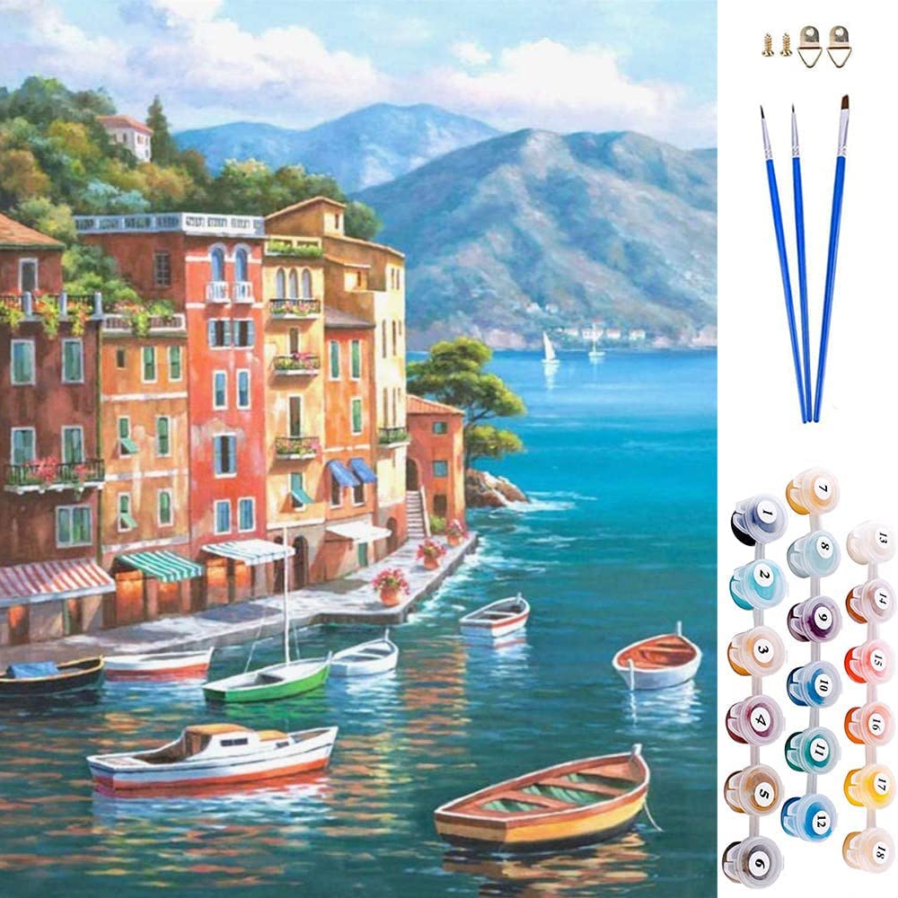 ABEUTY DIY Paint by Numbers for Adults, Beautiful Town Pier & Boat Yacht Sailboat 16x20 inches Number Painting Art Therapy