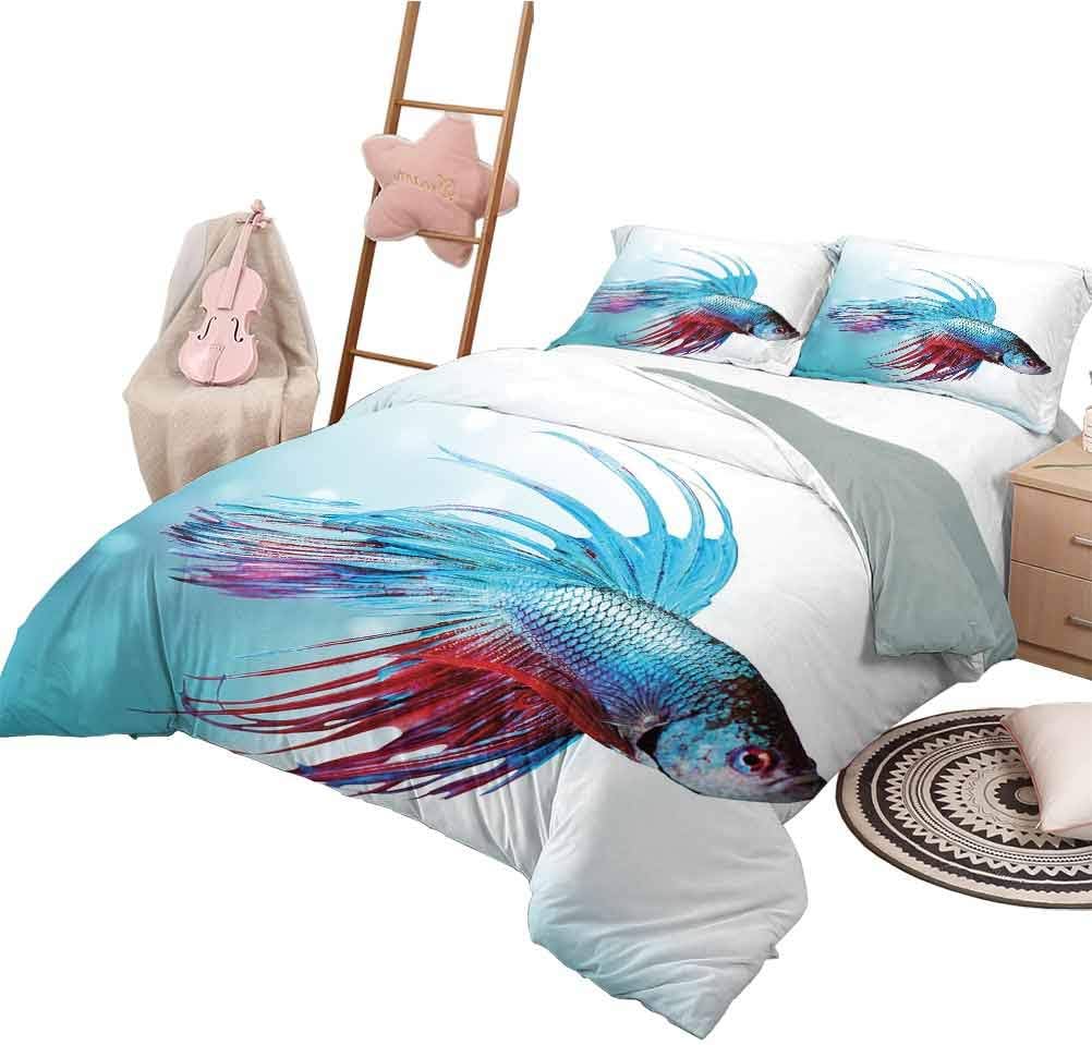 Cartoon Duvet Cover SetAquarium,Siamese Fighting Betta Fish Swimming in Aquarium Aggressive Sea Animal,Sky Blue Dark Coral Decorative 3 Piece Bedding Set 79 x 90 inch