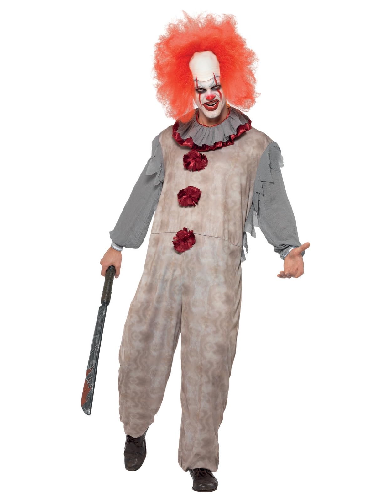 Smiffys Vintage Clown Costume, Grey & Red with Jumpsuit & Neck Ruffle, Halloween Cirque Sinister Fancy Dress, Clown Dress Up Costumes