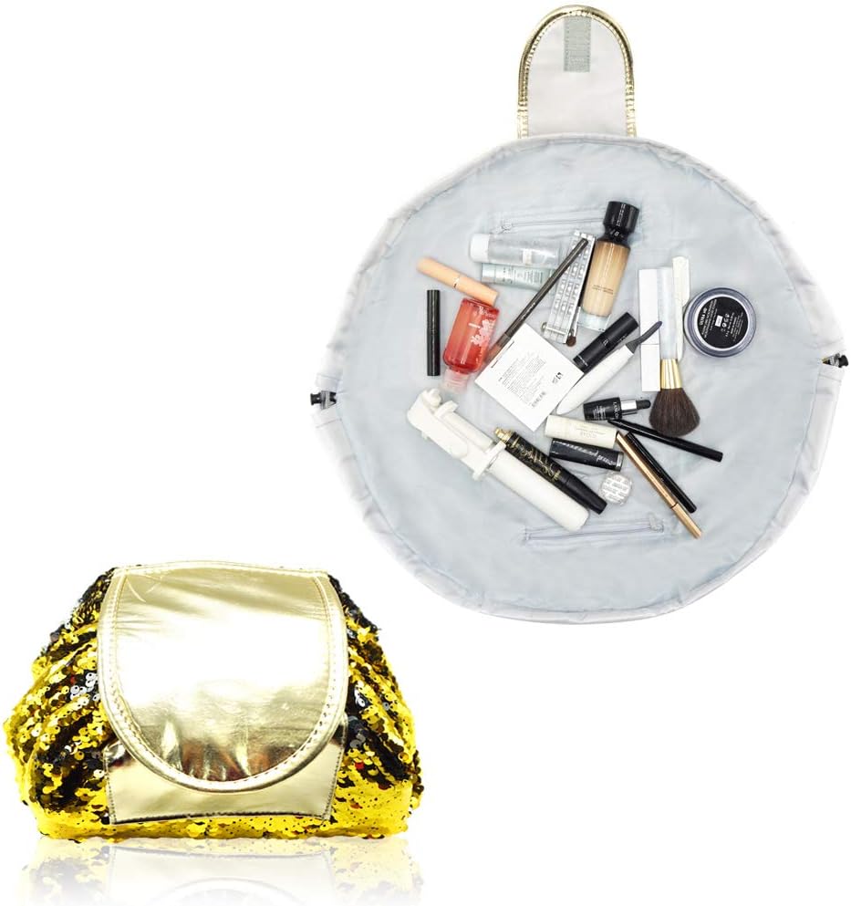 Lazy Drawstring Make up Bag Portable Large Travel Cosmetic Bag Pouch Travel Makeup Pouch Storage Organiser for Women Girl (Gold/Silver)