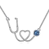AINFQY Nurse Necklace for Women 925 Sterling Silver Birthstone Crystal Stethoscope Medical Jewelry Nurse Doctor RN Pendant Graduation Gifts