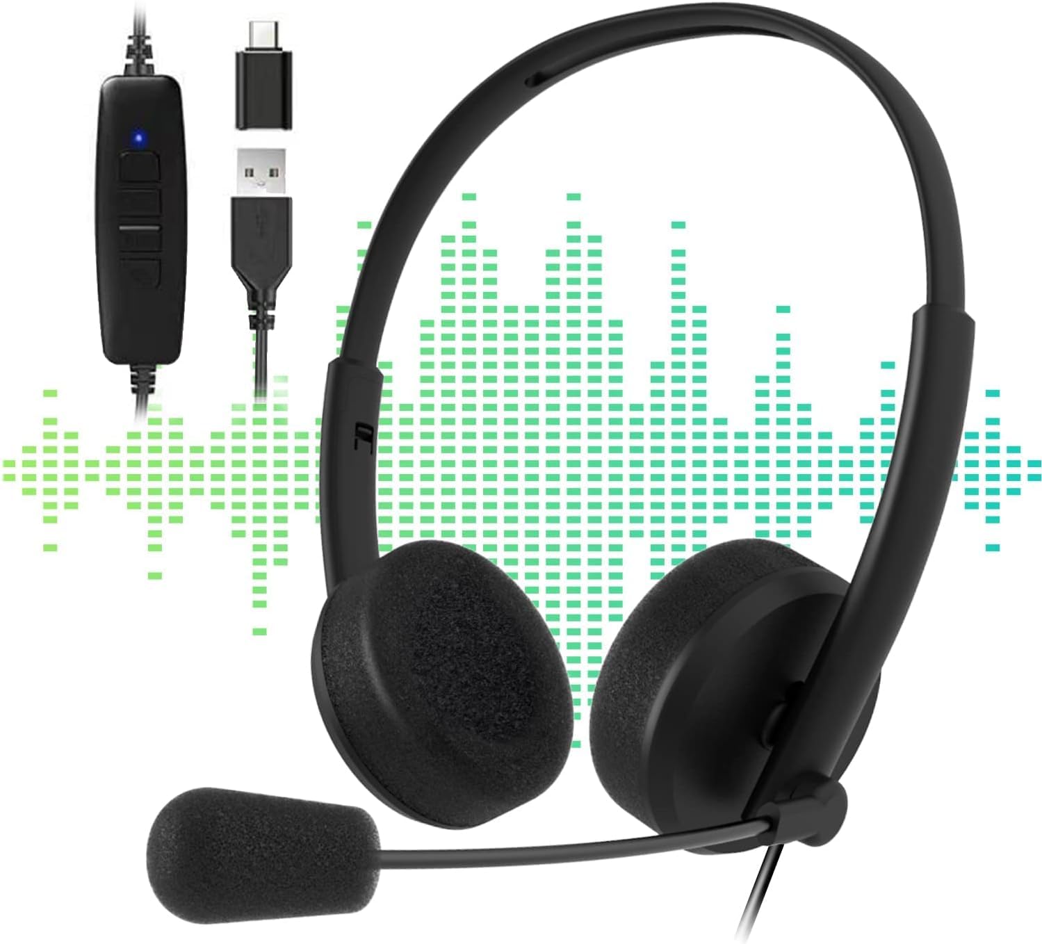 Noise Cancelling Office Headset for PC, Laptop, Call Center, Skype, Webinar - USB C & USB 3.5mm Headset