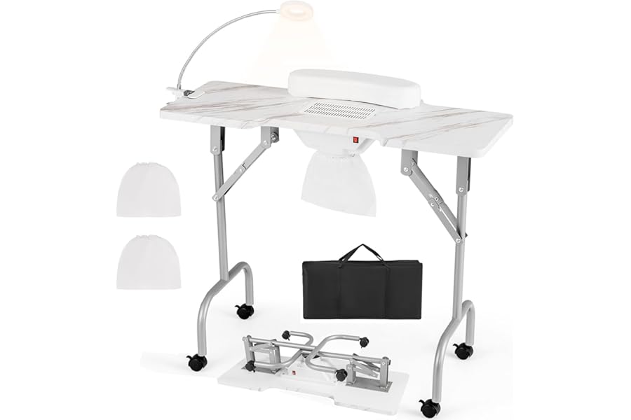 Giantex Foldable Nail Desk – Manicure Table with Built-in Dust Collector Fan, Adjustable LED Lamp, Client Wrist Pad, 4 Lockable Wheels, Portable Nail Tech Desk with Carrying Case (Marble White)
