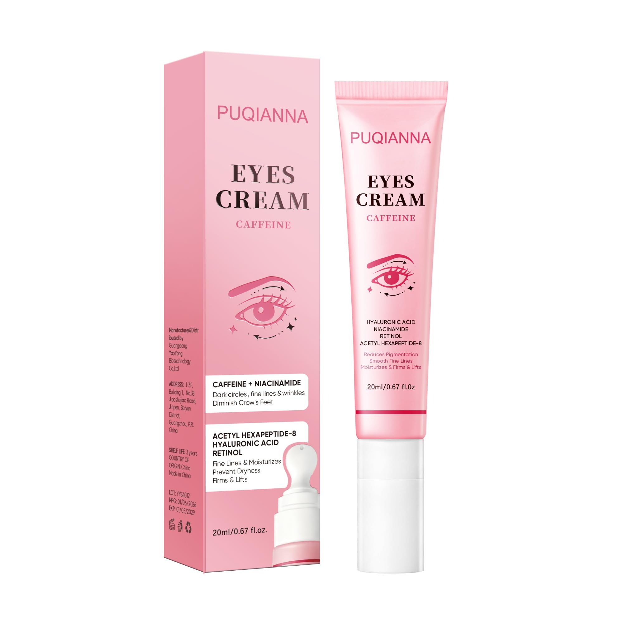 PUQIANA Eye Cream with Caffeine, Retinol & Acetyl Hexapeptide-8 - Anti-Aging, Hydrating, Lifting & Firming, Reduces Fine Lines & Wrinkles, Infused with Niacinamide & Hyaluronic Acid