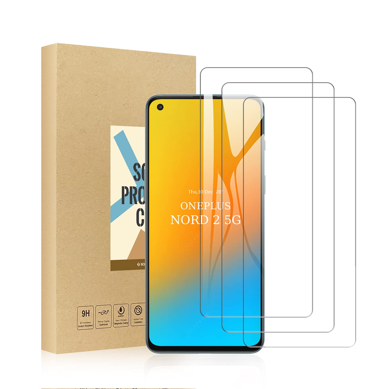 SCL Screen Protector for OnePlus Nord 2 5G and OnePlus Nord 2 Screen Protector, [3-Pack] Tempered Glass Film, 9H-Hardness, Anti-Scratch, Less-Fingerprint, Bubble-Free