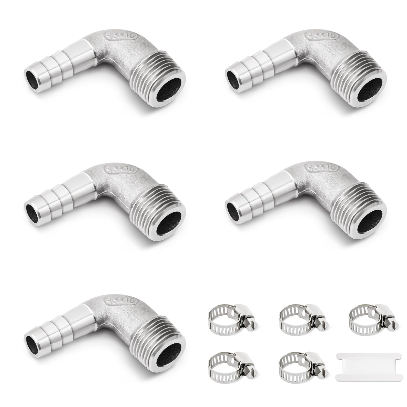 Barb Hose Fitting Josaton 90 Degree Elbow Fitting Stainless Steel 3/8” Male x 10mm Barb Pipe Connector for Water Fuel Air with Hose Clamps 5 Sets