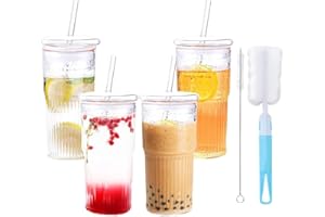 4 Pack Iced Coffee Cup 20OZ Glass Cups with Lids and Straws Drinking Ice Glass Tumblers for Coffee Tea Juice Cocktail Smoothi