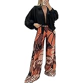 Women 2 Piece Outfits Wide Leg Long Pants Set Front Crop Tops High Waist Tracksuits Long Sleeve Jumpsuits