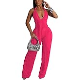 Adogirl Summer Sexy Halter Jumpsuits for Women V Neck Tie Knot Pleated Boho One Piece Wide Leg Long Pants Jumpsuit Romper