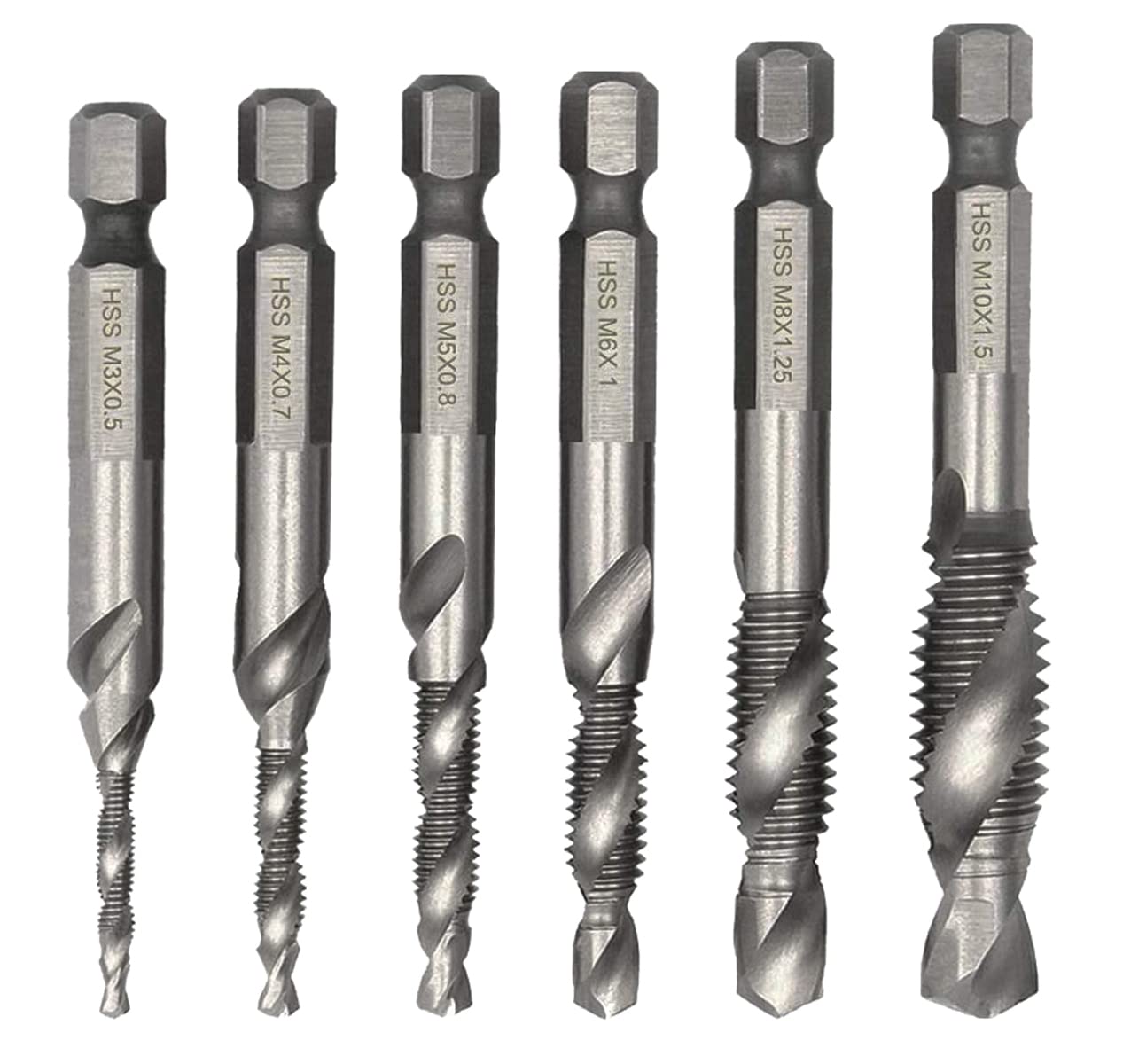 Malayas 6-Piece HSS Drill Bit Set - Metric Tap and Drill Combination with Hex Shank & Spiral Point - M3 to M10 - Hand Tools