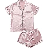 Floerns Women's Two Piece Pajama Sets Satin Short Sleeve Button Down Shirts and Shorts Set