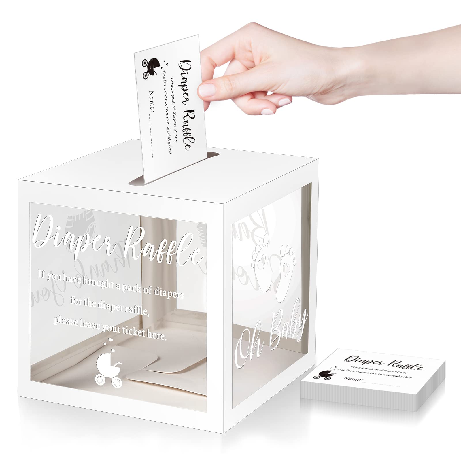 Photo 1 of Funrous 50 Diaper Raffle Tickets with Box for Baby Shower Game Invitations Diaper Raffle Card for Gender Reveal Baby Shower Party Decoration Table Centerpiece(Clear White)