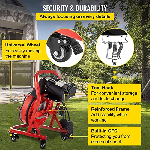 VEVOR Electric Drain Auger, 75' x 1/2", 370W Drain Cleaner Machine Fit 2'' 4'' Pipes, Plumbing