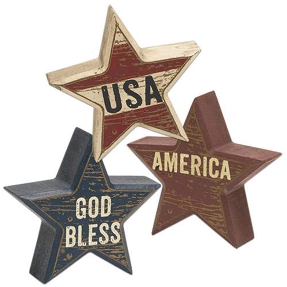 Distressed Patriotic Star Sitter Blocks Tabletop Decor | 3 Pc Set | USA, America and God Bless | 4 inch Wood