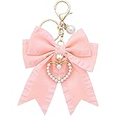 Clofiak Bow Purse Charms, Cute Bow Backpack Keychains for Women, Pearl Wristlet Keychain(Light pink)