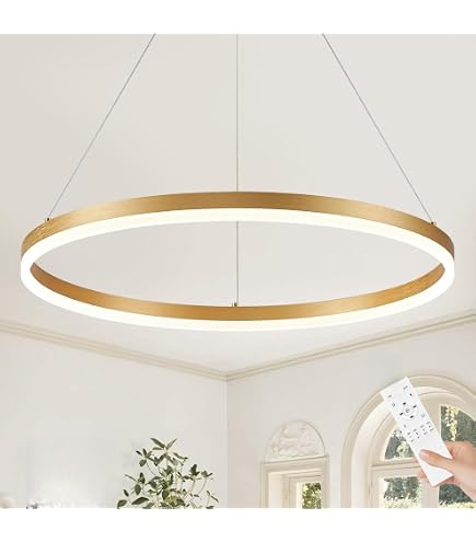 Benkut Modern 2-Ring LED Chandelier – Gold Finish, 15.7" + 19.7" Rings – Dimmable With Remote, 3000K-6500K – DIY Adjustable Shape – For Dining Room, Living Room, Entryway
