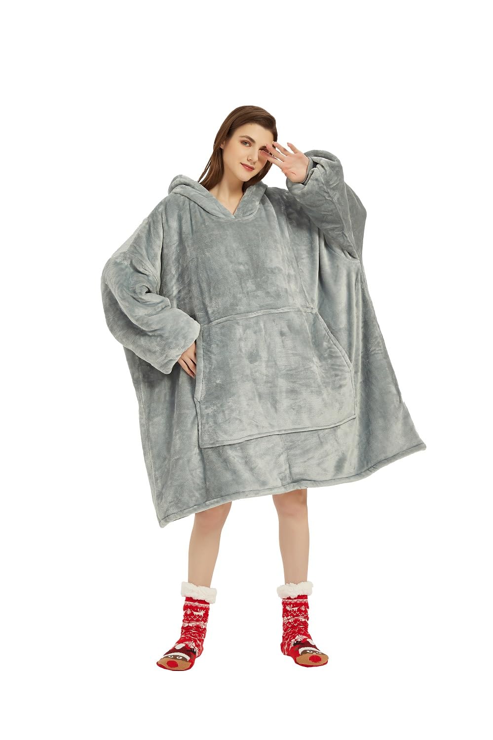 Oversized Wearable Blanket Sweatshirt Hoodie Fleece Sherpa Hooded Blanket for Women Thick Flannel Wearable Throw Blanket with Sleeves, Warm Hood and Pocket for Christmas, Grey