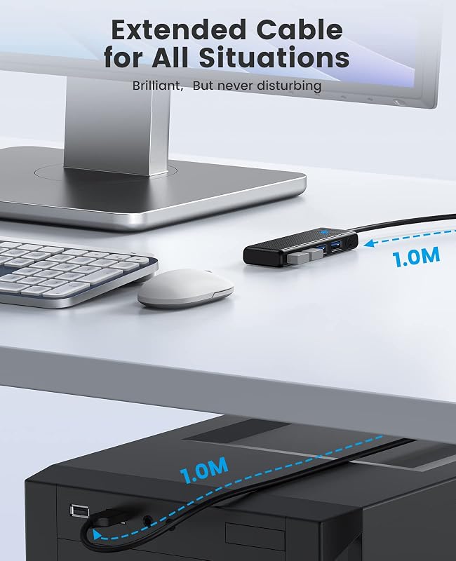 Hub USB 3.0, 4 Porte USB con Cavo Lungo 100 CM, Hub Dati Ultra Sottile Tipo A 5 Gbps, Adattatore Multiporta per MacBook, Mac Pro/Mini, Mobile HDD, Surface Pro, XPS, PS4/PS5, PC