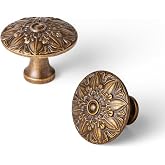 Deuschwer 6 Pack Antique Brass Cabinet Knobs, Vintage Mandala Drawer Pull | Solid Zinc Alloy Retro Ornate Starburst Door Handles for Kitchen Cupboard, Dresser, Wardrobe, Bathroom Vanity Hardware
