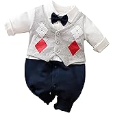 HUAANIUE Newborn Baby Boys Gentleman Romper One Piece Long Sleeve Bowtie Outfit Formal Wear Tuxedo Suit
